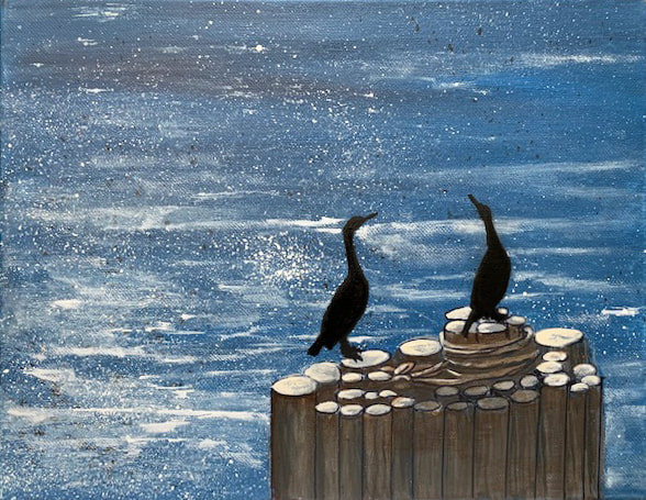 judith burns, acrylics, acrylic painting, cormorants