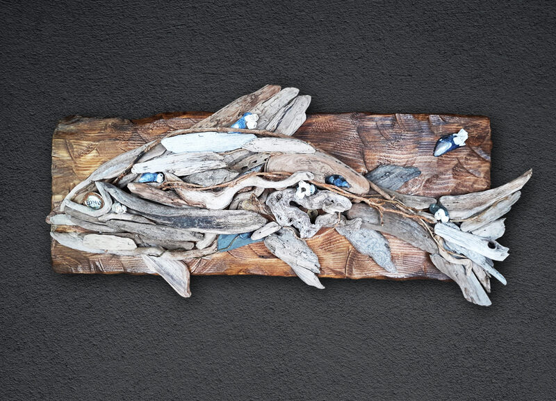 doug thompson, dirftwood art, copper wall sculptures, fish sculptures, driftwood fish, mixed media fish, salmon art sculptures