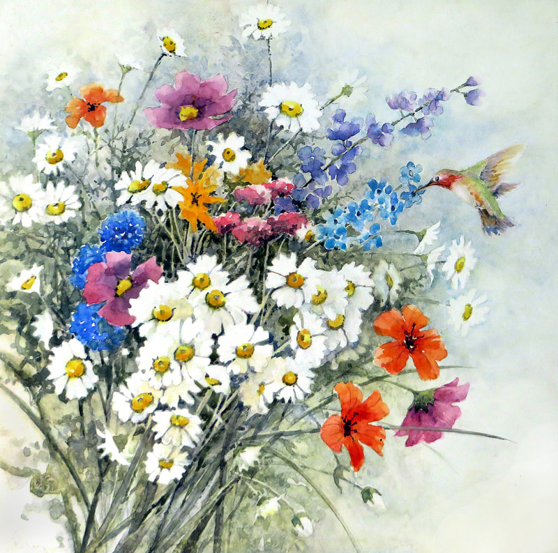 ginny o'neill, watercolor paintings, watercolors, whidbey island scenes, pacific northwest scenes, spring flowers, hummingbird